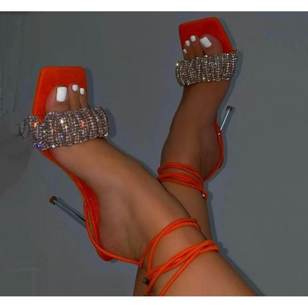 Hot pink embellished lace up heels